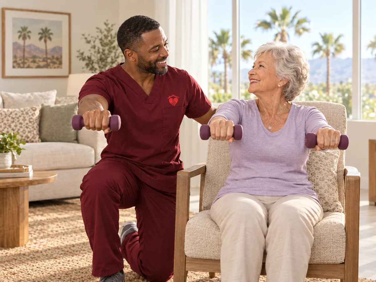 Caring Hearts caregiver doing gentle seated arm exercises with light hand weights alongside a senior woman