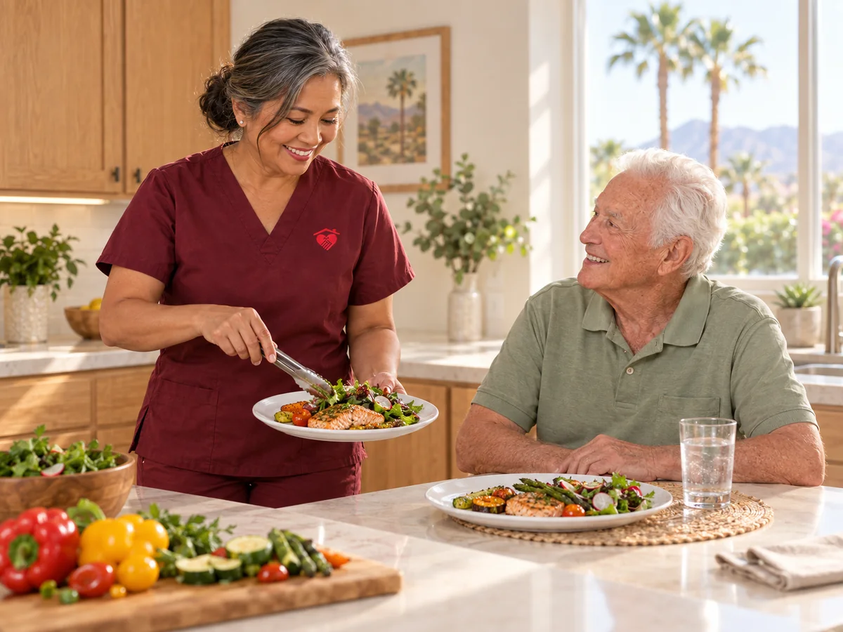 Caring Hearts caregiver plating a fresh, healthy lunch for a smiling senior man in his kitchen