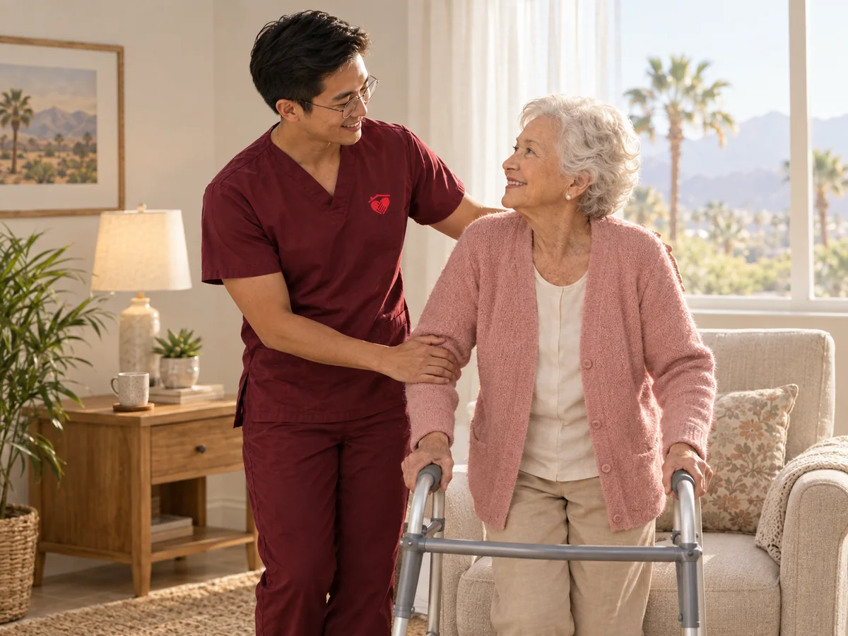 Caring Hearts caregiver steadying a senior woman as she stands up with her walker