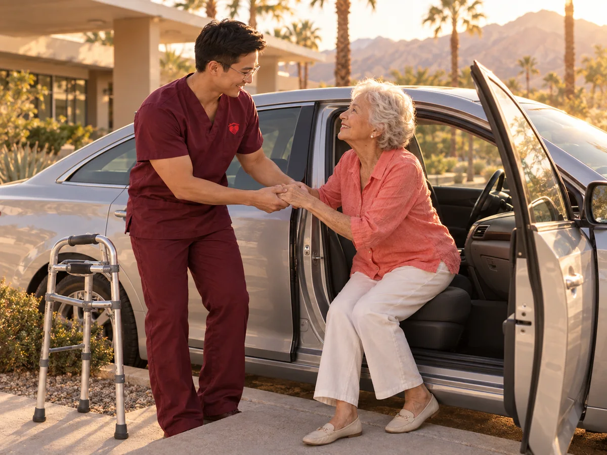Caring Hearts caregiver helping a senior woman out of the passenger seat of a car at her appointment